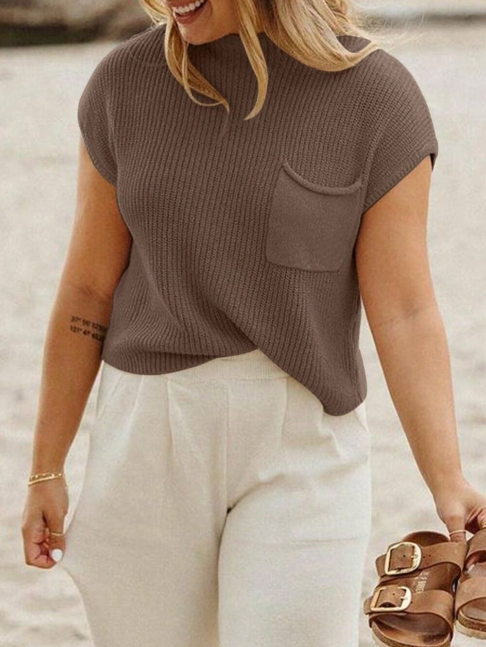 Khaki Casual Women's Cap Sleeve Pocket Knit Top